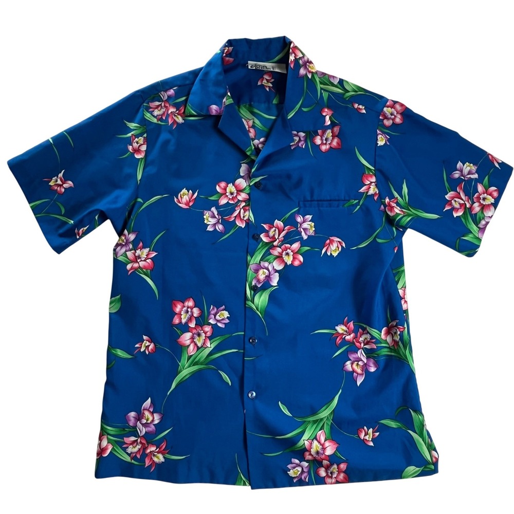 Hilo Hattie's Aloha Shirt Blue Orchid Floral Camp Collar‎ Made Hawaii Mens L